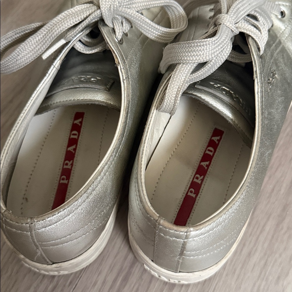 Prada Metallic Silver Leather Low Top Sneakers, size 38.5 - Picture 6 of 15